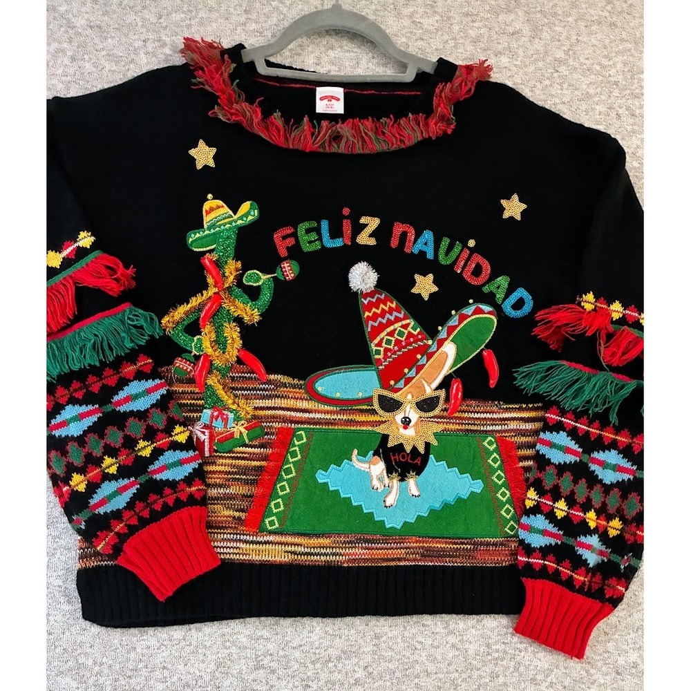 S Ugly Christmas Sweater Chihuahua Dog Peppers Sombrero Feliz Navidad